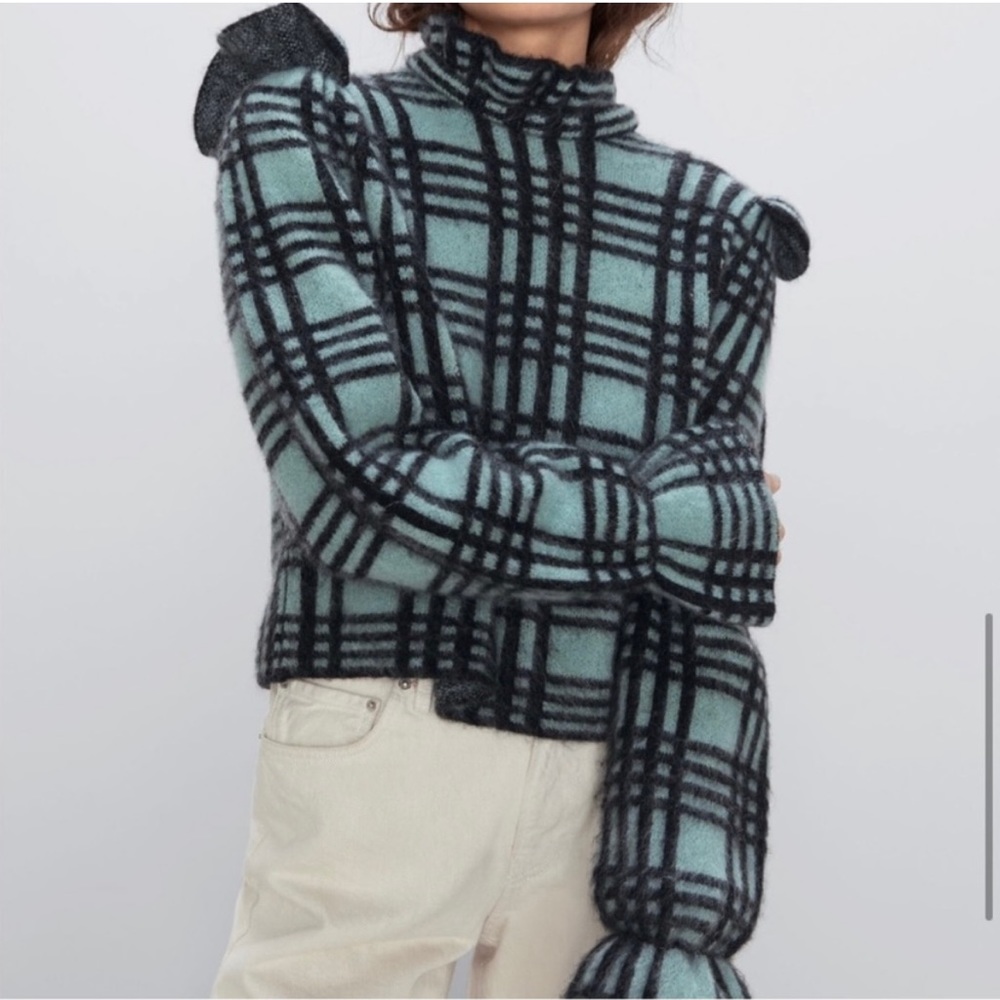 Zara Plaid Ruffle Wool Mohair Blend Sweater - Picture 3 of 11